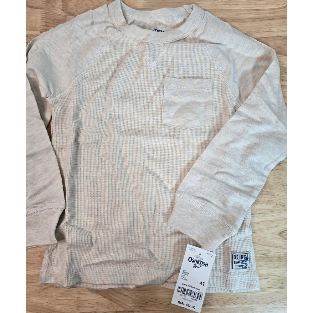OshKosh Bgosh Boys 4T Oatmeal Heather Waffle Knit Thermal Long Sleeve Shirt NWT